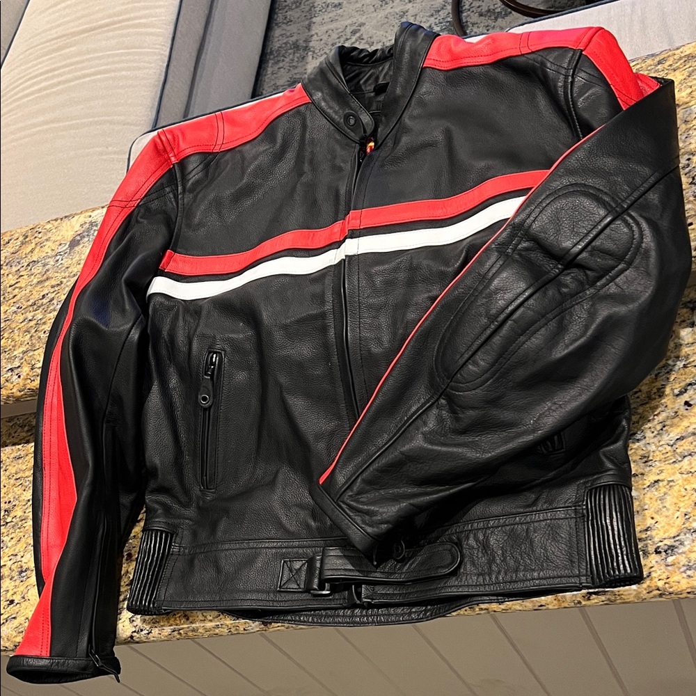 MAS Leather Motorcycle Racing  Performance Black & Red + White striped Jacket!